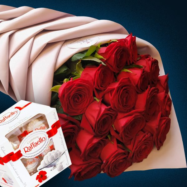 Букет из 19 красных роз 70 см + Конфеты