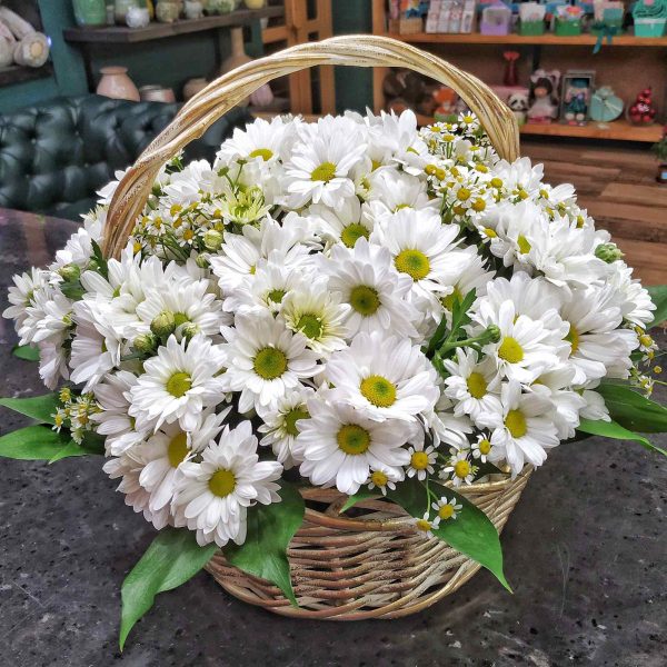 Корзина с ромашками и хризантемами